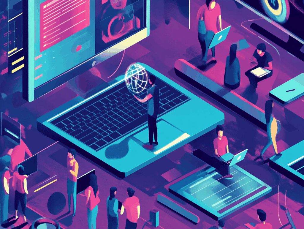Illustration of people using AI to search for results online; instead of clicking, they find the information they are looking for and leave.