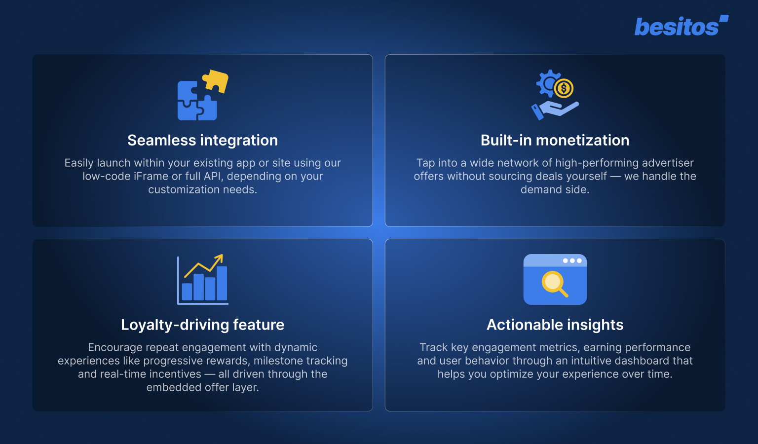 - Seamless integration: Easily launch within your existing app or site using our low-code iFrame or full API, depending on your customization needs. - Built-in monetization: Tap into a wide network of high-performing advertiser offers without sourcing deals yourself — we handle the demand side. - Loyalty-driving features: Encourage repeat engagement with dynamic experiences like progressive rewards, milestone tracking and real-time incentives — all driven through the embedded offer layer. - Actionable insights: Track key engagement metrics, earning performance and user behavior through an intuitive dashboard that helps you optimize your experience over time and in real time.